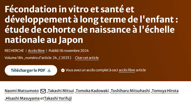 Fécondation in vitro et santé et développement à long terme de l'enfant : étude de cohorte de naissance à l'échelle nationale au Japon